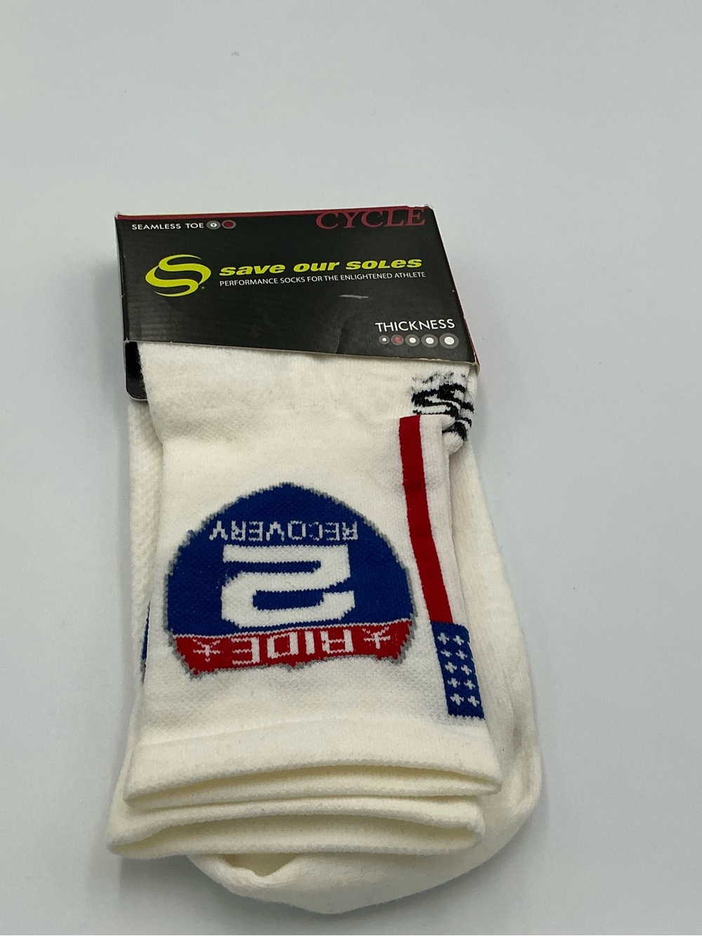 Save Our Soles White Athletic Crew Socks with Red & Blue Accent